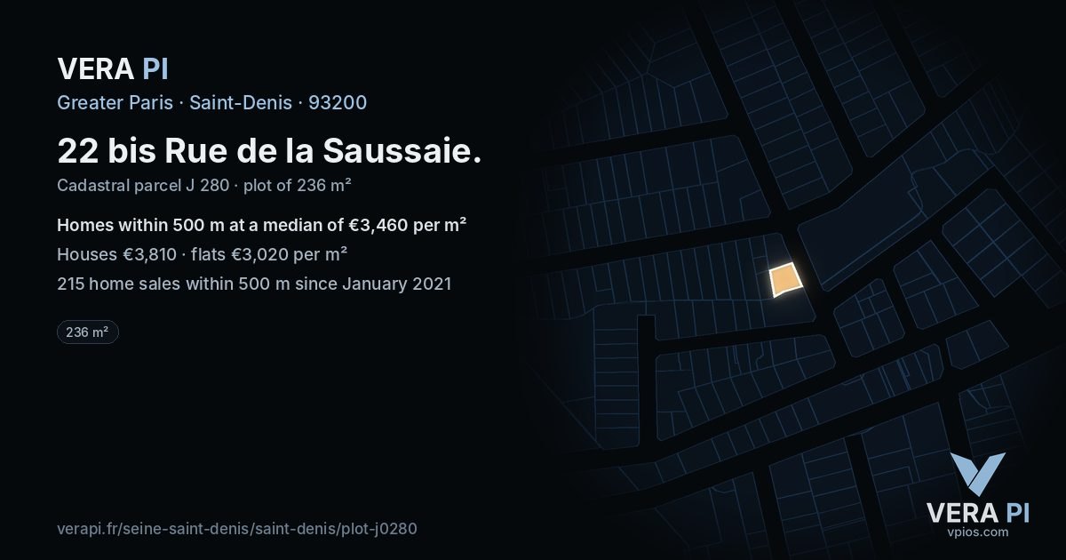 22 bis Rue de la Saussaie, Saint-Denis at night – the plot lit, the parcels around coloured by the prices near them