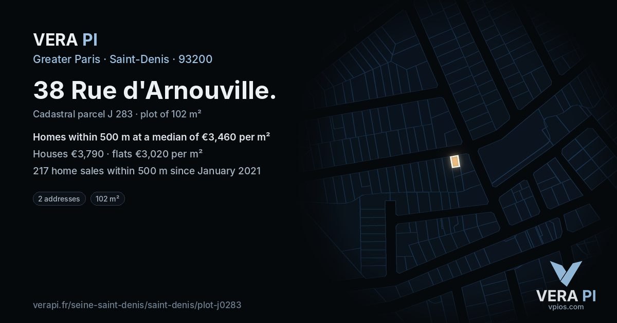38 Rue d'Arnouville, Saint-Denis at night – the plot lit, the parcels around coloured by the prices near them