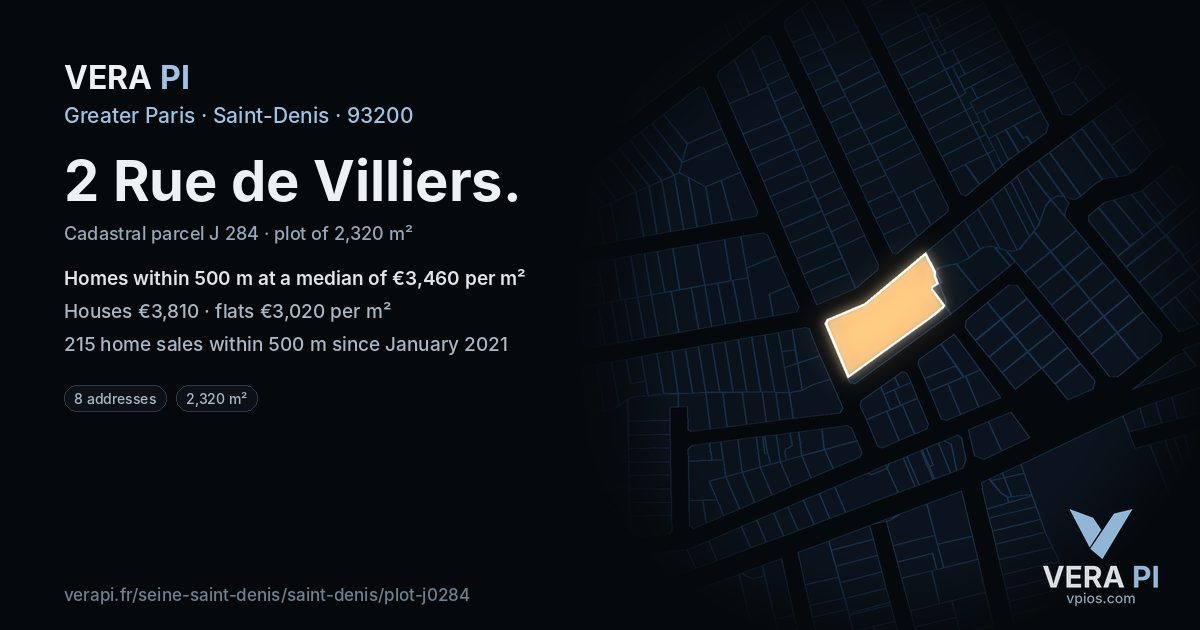2 Rue de Villiers, Saint-Denis at night – the plot lit, the parcels around coloured by the prices near them