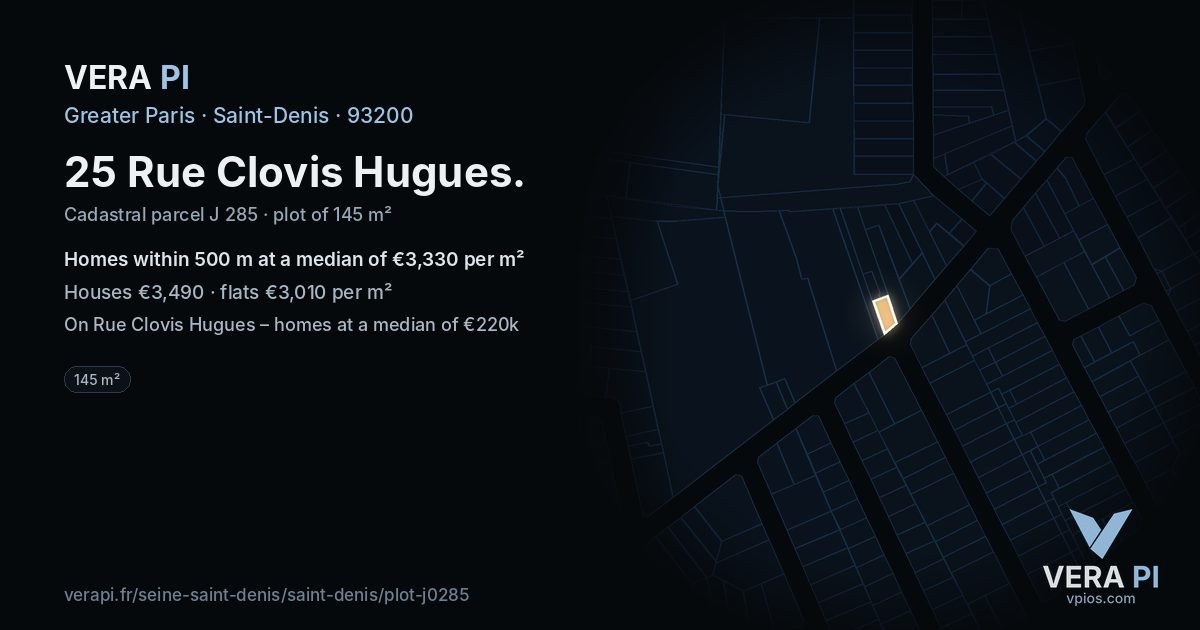 25 Rue Clovis Hugues, Saint-Denis at night – the plot lit, the parcels around coloured by the prices near them
