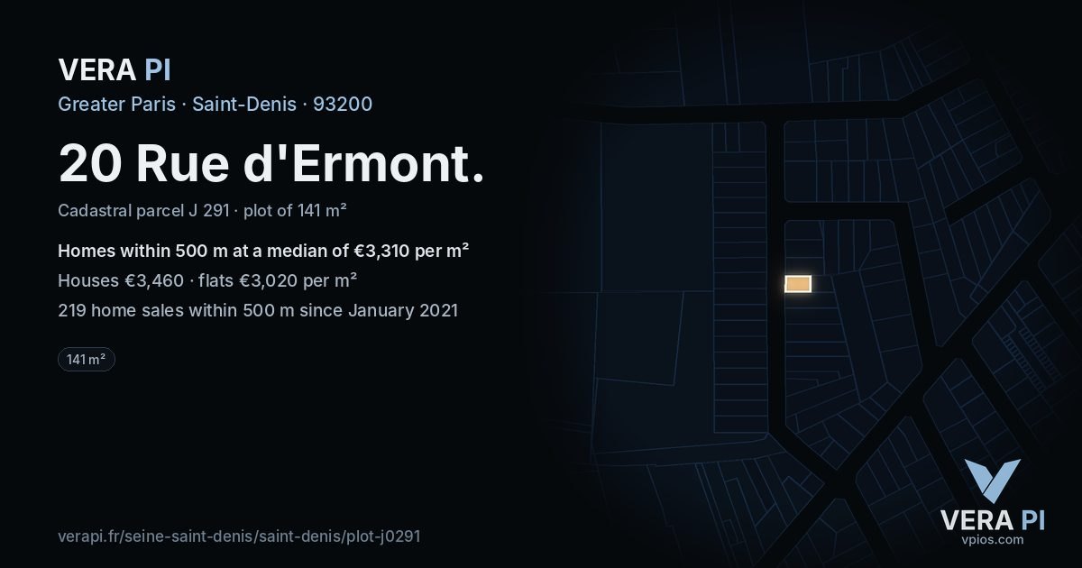 20 Rue d'Ermont, Saint-Denis at night – the plot lit, the parcels around coloured by the prices near them