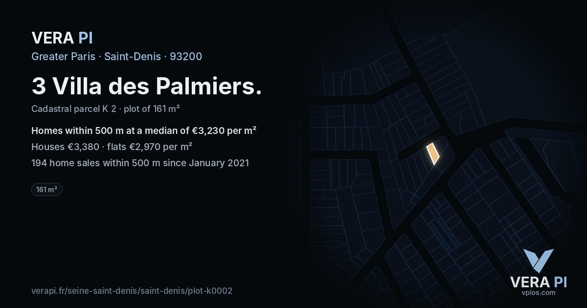 3 Villa des Palmiers, Saint-Denis at night – the plot lit, the parcels around coloured by the prices near them