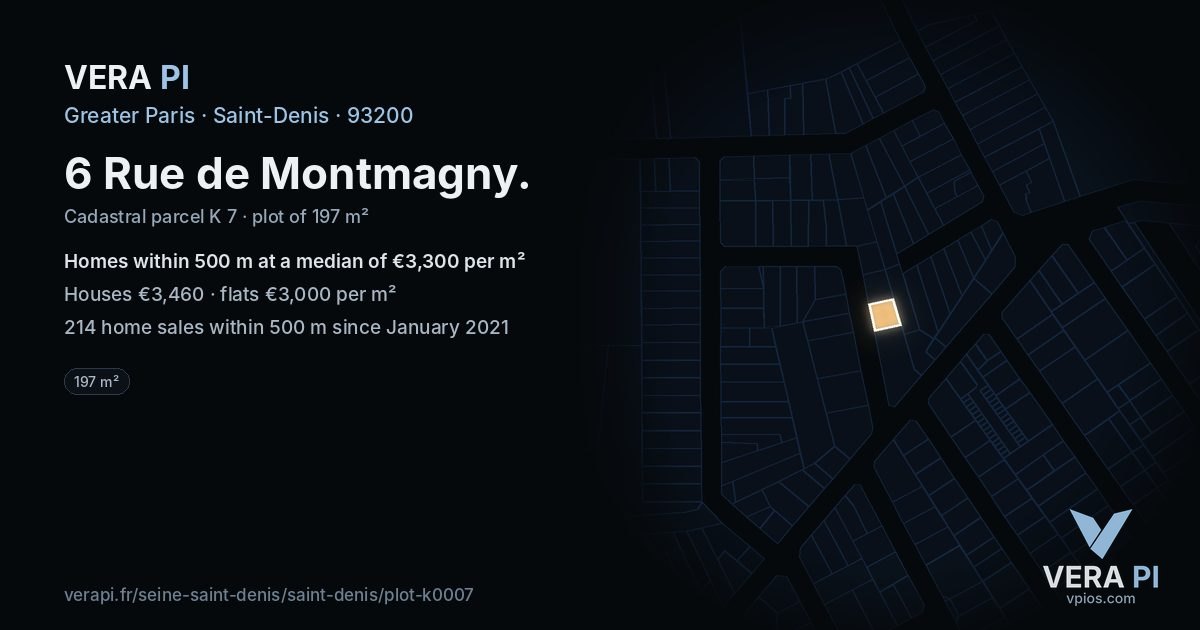 6 Rue de Montmagny, Saint-Denis at night – the plot lit, the parcels around coloured by the prices near them