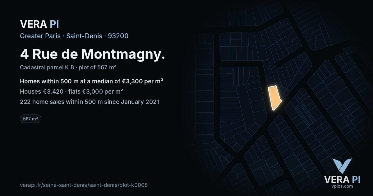 4 Rue de Montmagny, Saint-Denis at night – the plot lit, the parcels around coloured by the prices near them