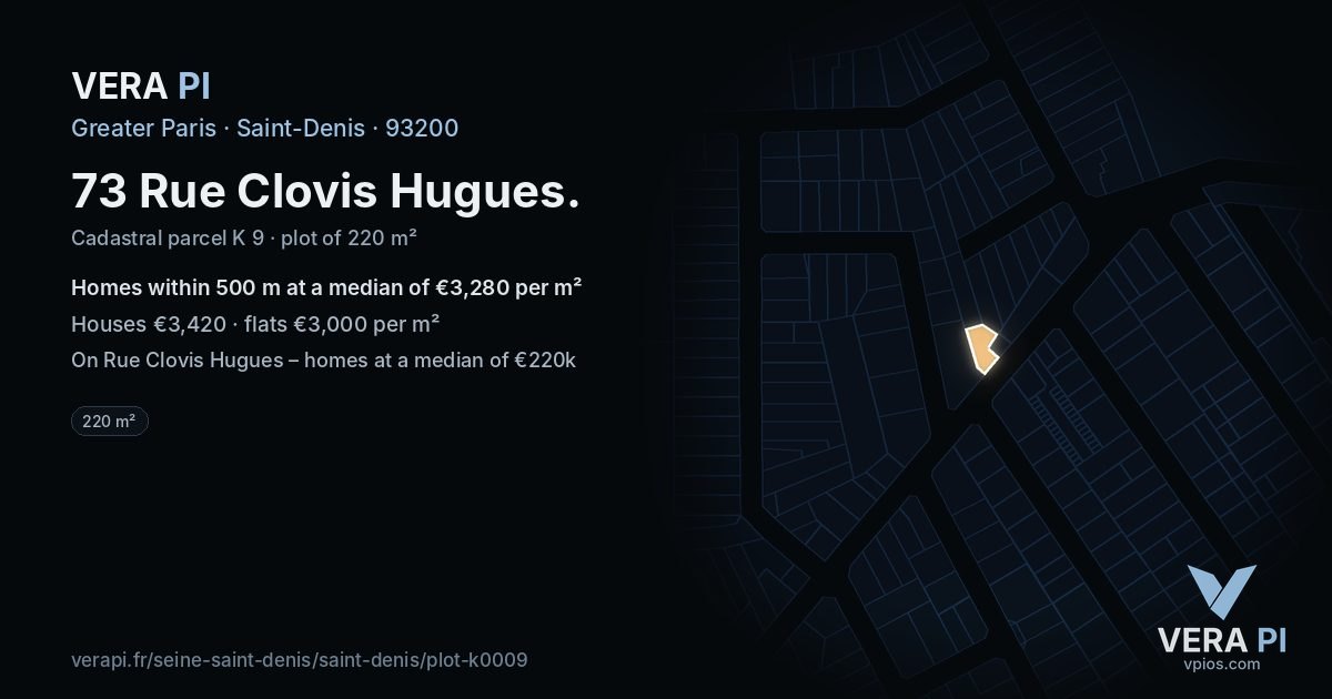 73 Rue Clovis Hugues, Saint-Denis at night – the plot lit, the parcels around coloured by the prices near them