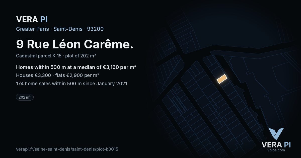 9 Rue Léon Carême, Saint-Denis at night – the plot lit, the parcels around coloured by the prices near them