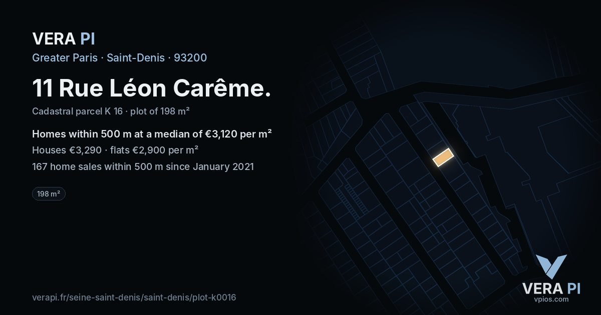 11 Rue Léon Carême, Saint-Denis at night – the plot lit, the parcels around coloured by the prices near them
