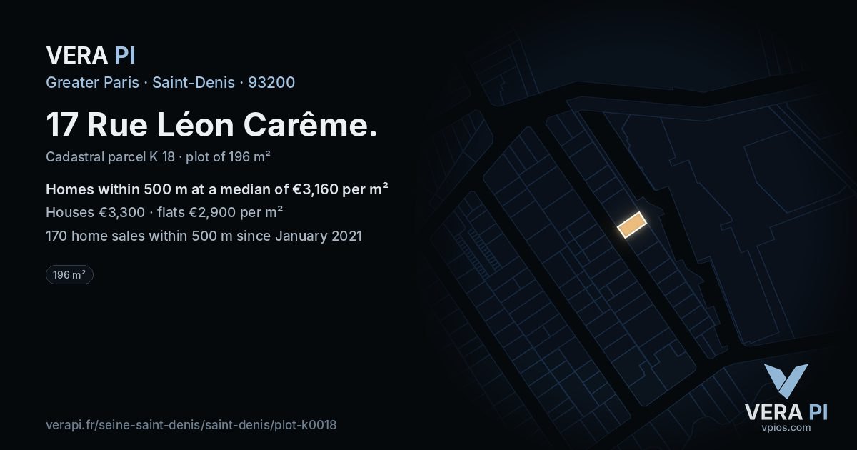 17 Rue Léon Carême, Saint-Denis at night – the plot lit, the parcels around coloured by the prices near them