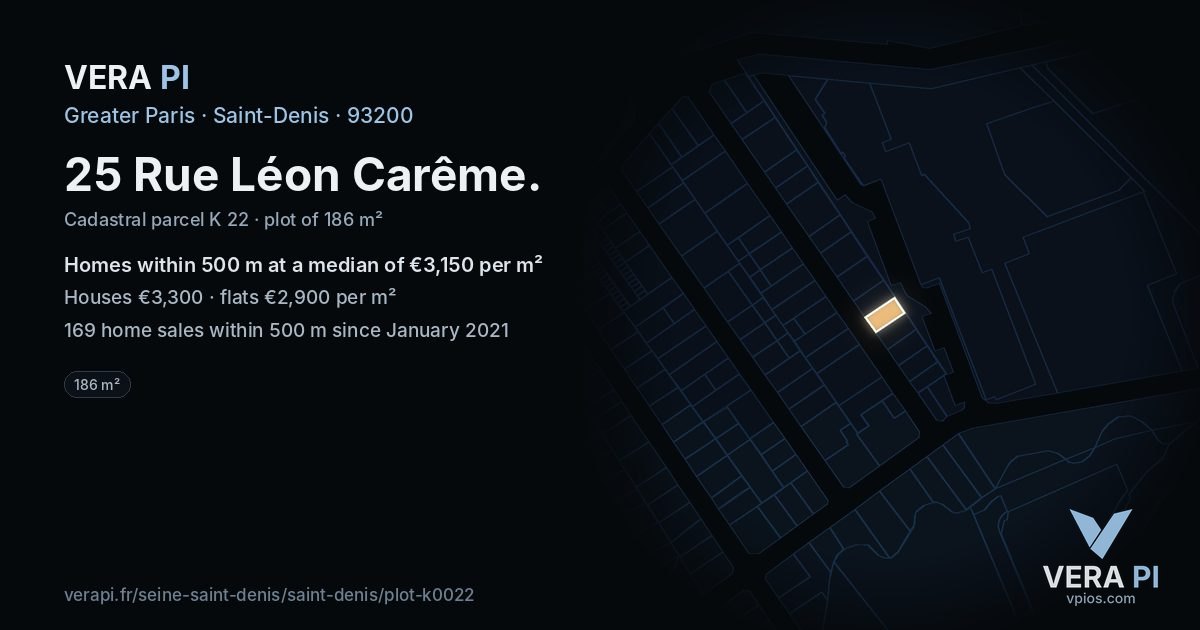25 Rue Léon Carême, Saint-Denis at night – the plot lit, the parcels around coloured by the prices near them