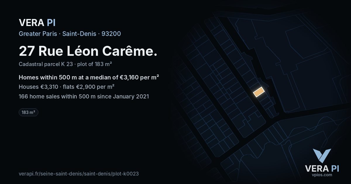 27 Rue Léon Carême, Saint-Denis at night – the plot lit, the parcels around coloured by the prices near them