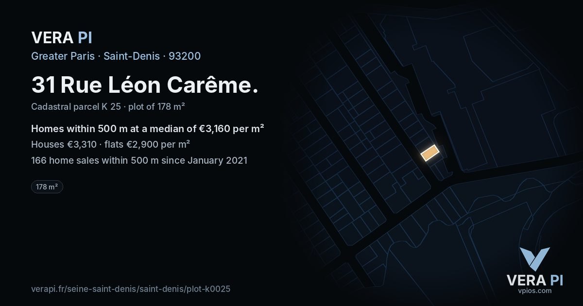 31 Rue Léon Carême, Saint-Denis at night – the plot lit, the parcels around coloured by the prices near them