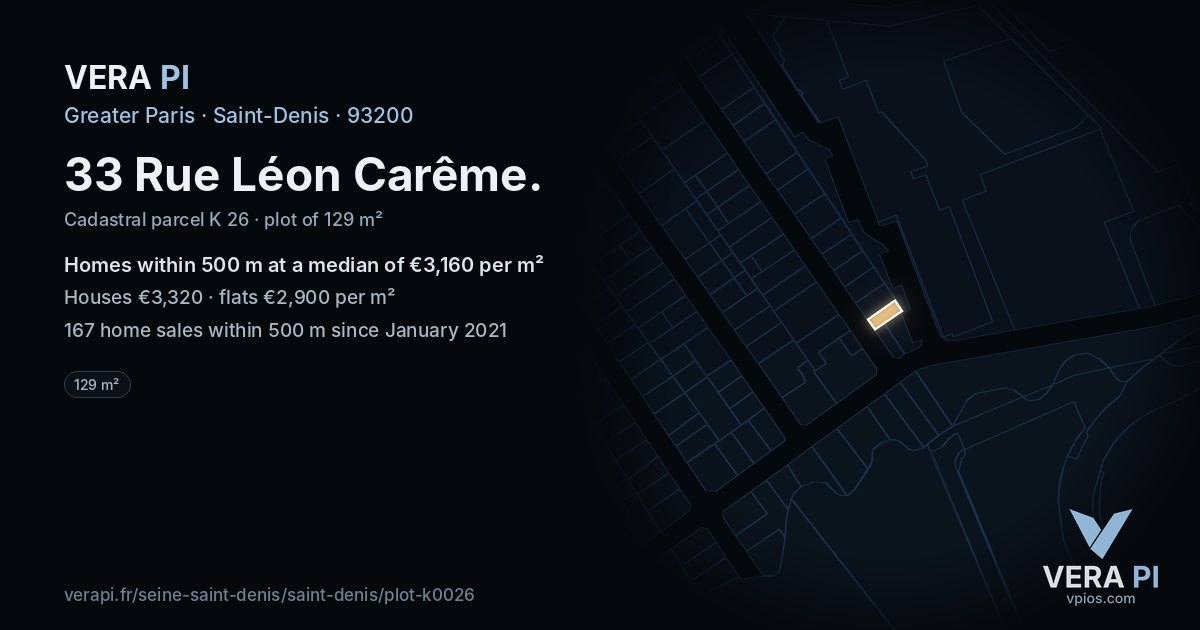 33 Rue Léon Carême, Saint-Denis at night – the plot lit, the parcels around coloured by the prices near them