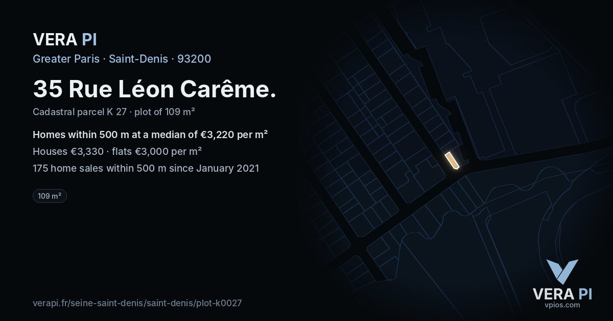 35 Rue Léon Carême, Saint-Denis at night – the plot lit, the parcels around coloured by the prices near them