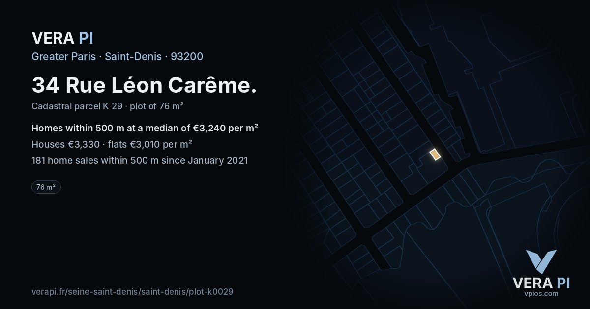 34 Rue Léon Carême, Saint-Denis at night – the plot lit, the parcels around coloured by the prices near them