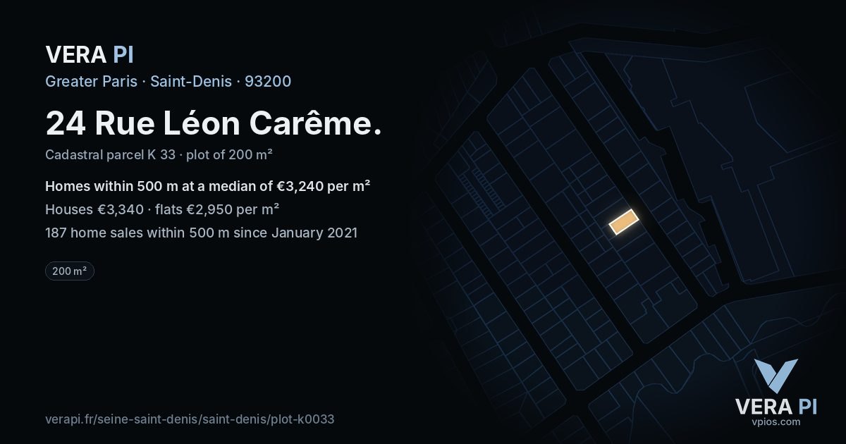 24 Rue Léon Carême, Saint-Denis at night – the plot lit, the parcels around coloured by the prices near them