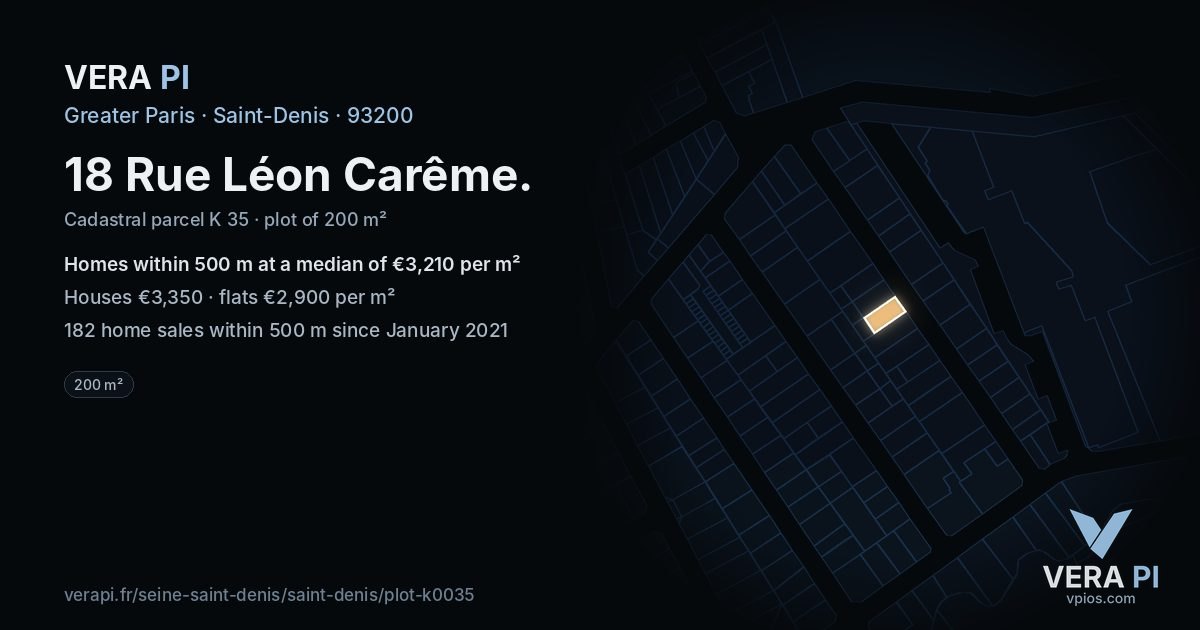 18 Rue Léon Carême, Saint-Denis at night – the plot lit, the parcels around coloured by the prices near them