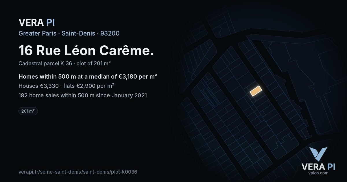 16 Rue Léon Carême, Saint-Denis at night – the plot lit, the parcels around coloured by the prices near them