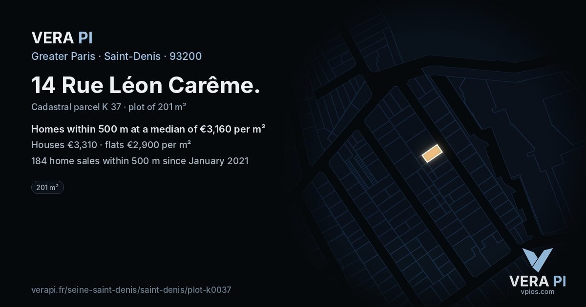 14 Rue Léon Carême, Saint-Denis at night – the plot lit, the parcels around coloured by the prices near them