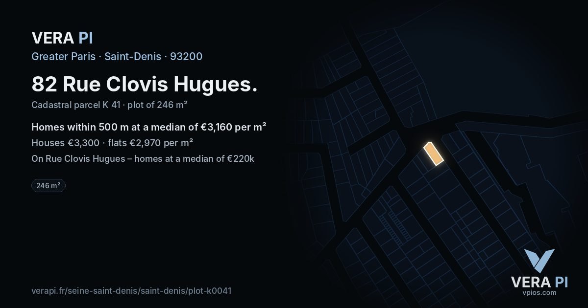 82 Rue Clovis Hugues, Saint-Denis at night – the plot lit, the parcels around coloured by the prices near them