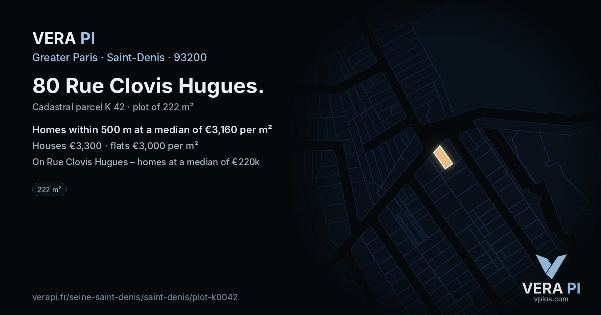 80 Rue Clovis Hugues, Saint-Denis at night – the plot lit, the parcels around coloured by the prices near them