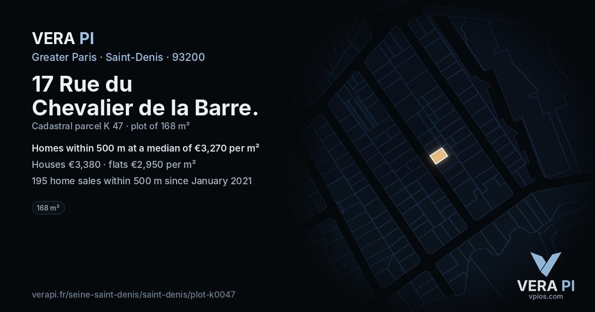 17 Rue du Chevalier de la Barre, Saint-Denis at night – the plot lit, the parcels around coloured by the prices near them