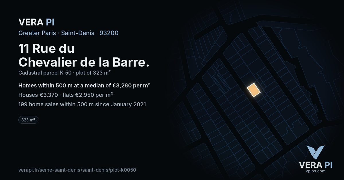 11 Rue du Chevalier de la Barre, Saint-Denis at night – the plot lit, the parcels around coloured by the prices near them