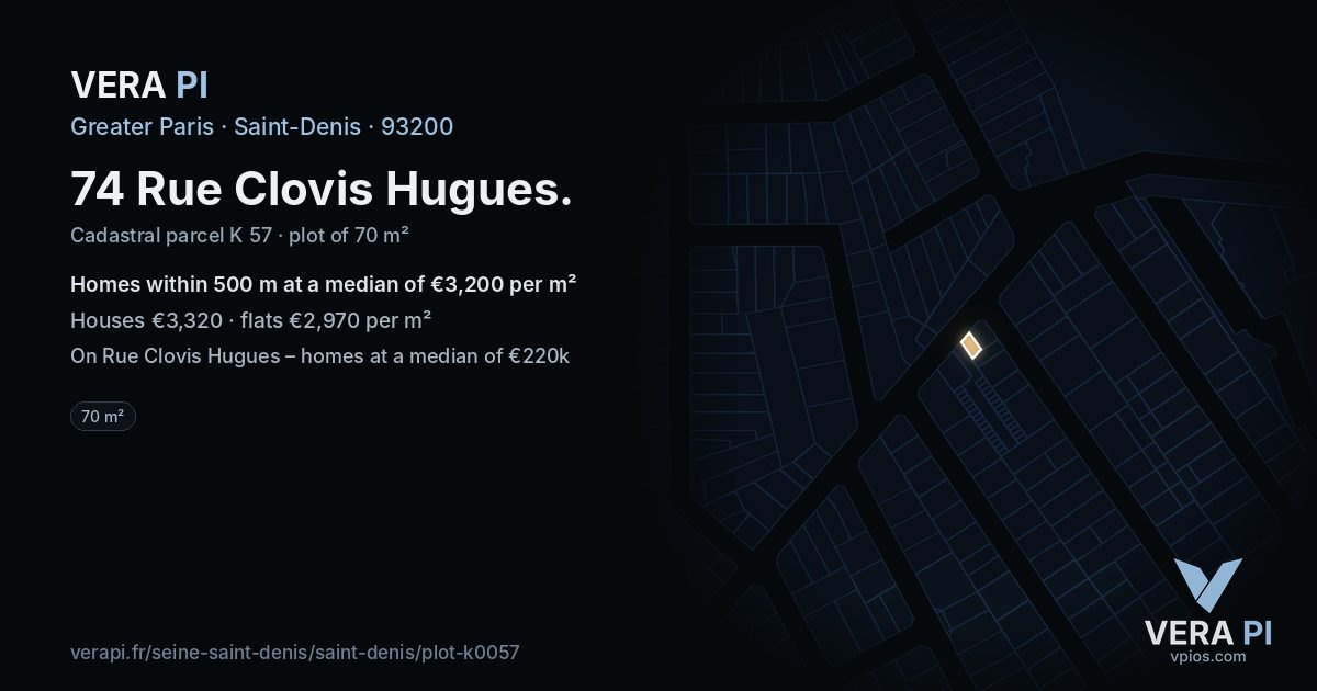 74 Rue Clovis Hugues, Saint-Denis at night – the plot lit, the parcels around coloured by the prices near them