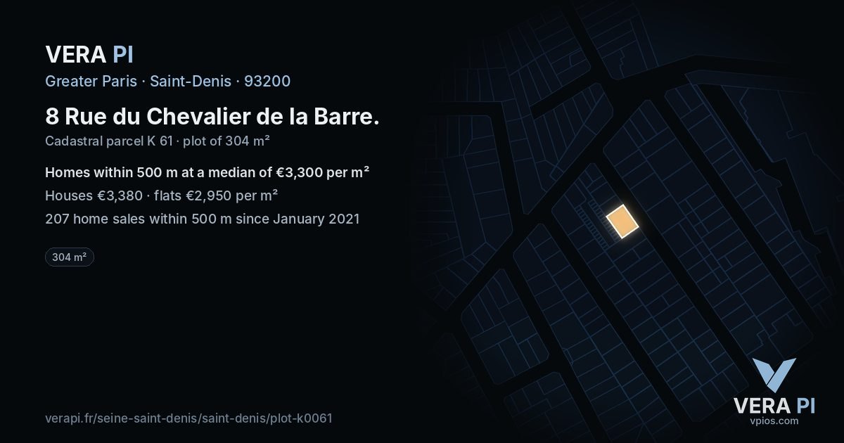 8 Rue du Chevalier de la Barre, Saint-Denis at night – the plot lit, the parcels around coloured by the prices near them