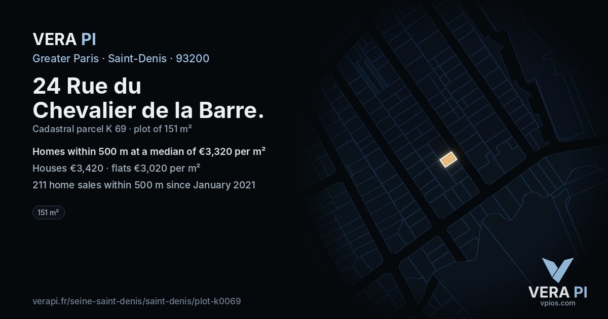 24 Rue du Chevalier de la Barre, Saint-Denis at night – the plot lit, the parcels around coloured by the prices near them