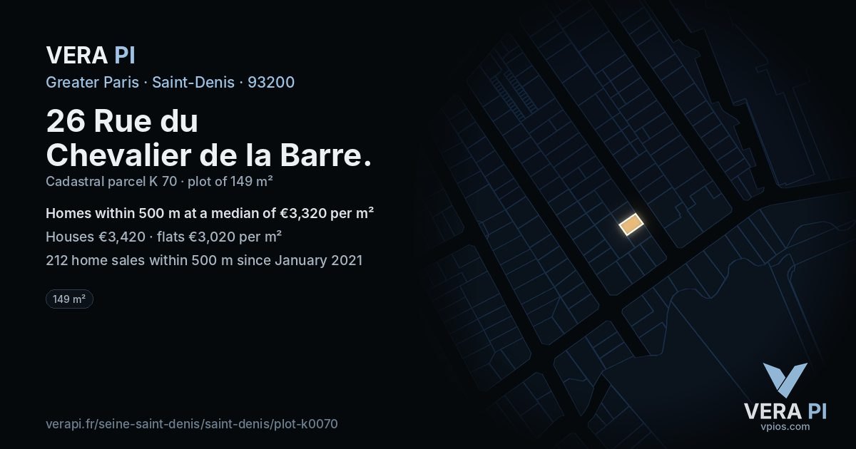 26 Rue du Chevalier de la Barre, Saint-Denis at night – the plot lit, the parcels around coloured by the prices near them