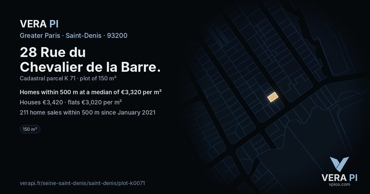 28 Rue du Chevalier de la Barre, Saint-Denis at night – the plot lit, the parcels around coloured by the prices near them