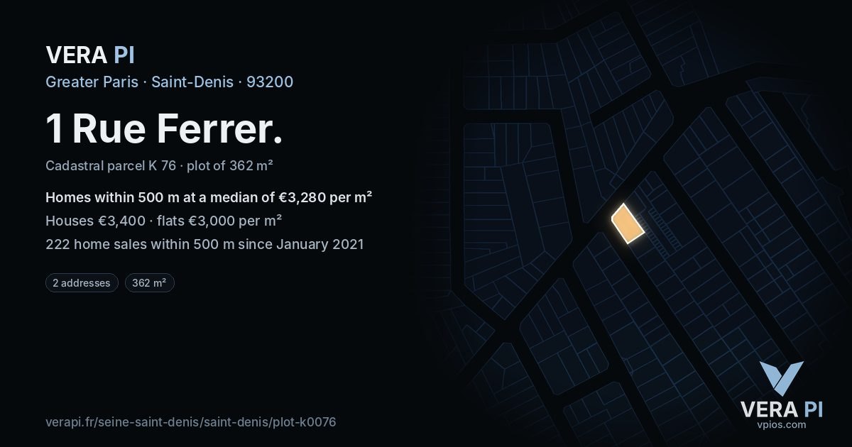 1 Rue Ferrer, Saint-Denis at night – the plot lit, the parcels around coloured by the prices near them
