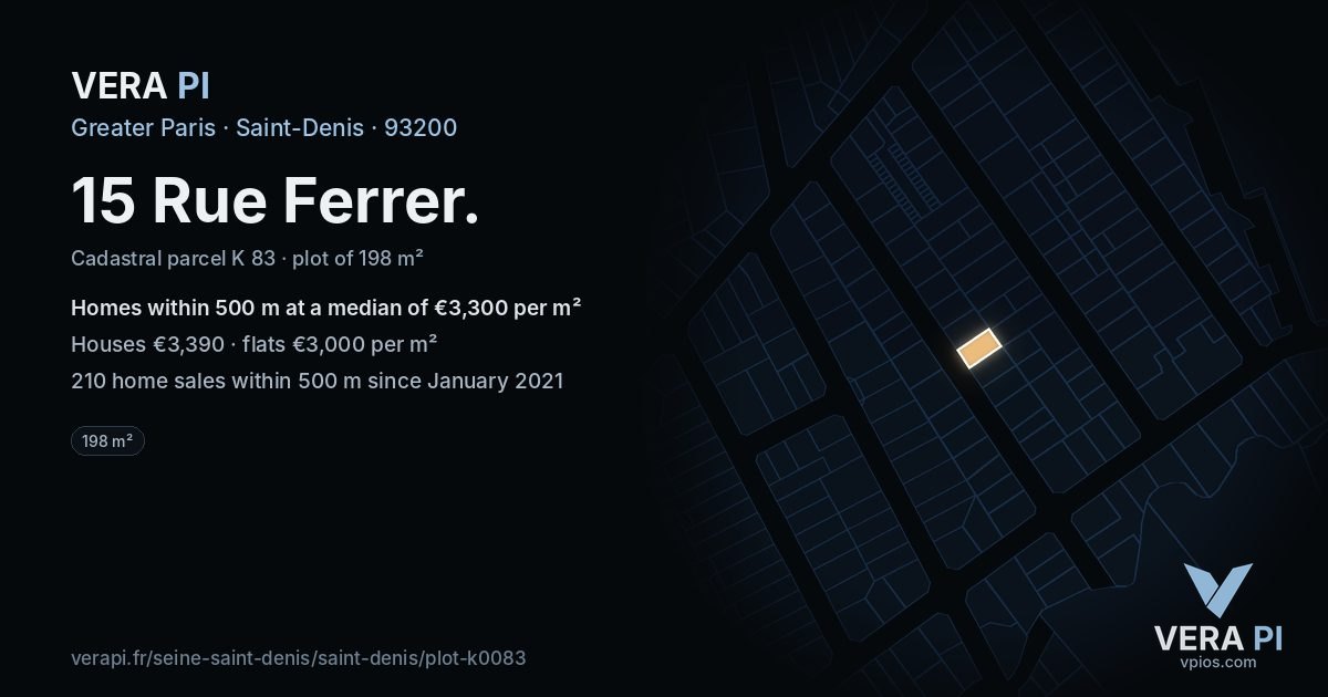 15 Rue Ferrer, Saint-Denis at night – the plot lit, the parcels around coloured by the prices near them
