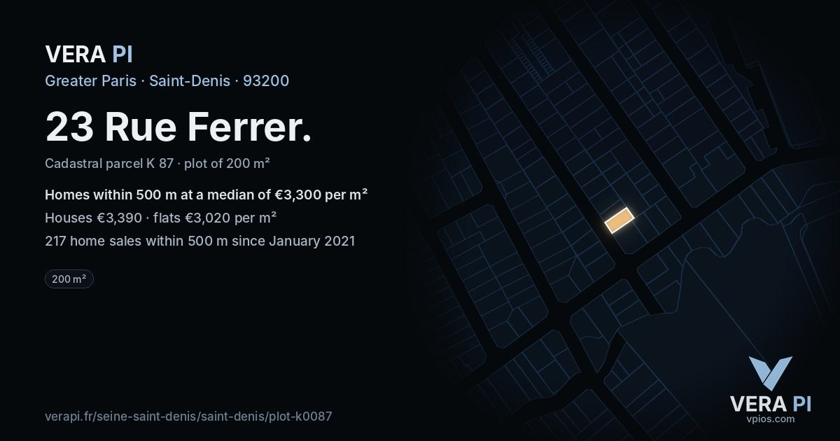 23 Rue Ferrer, Saint-Denis at night – the plot lit, the parcels around coloured by the prices near them