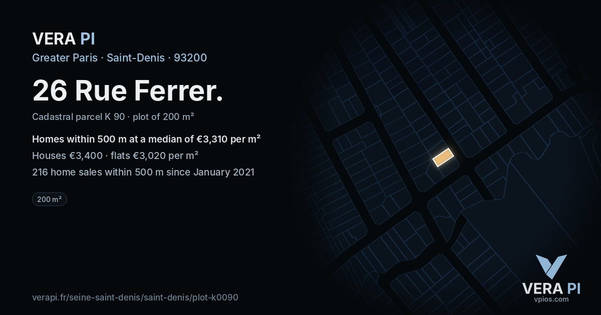 26 Rue Ferrer, Saint-Denis at night – the plot lit, the parcels around coloured by the prices near them