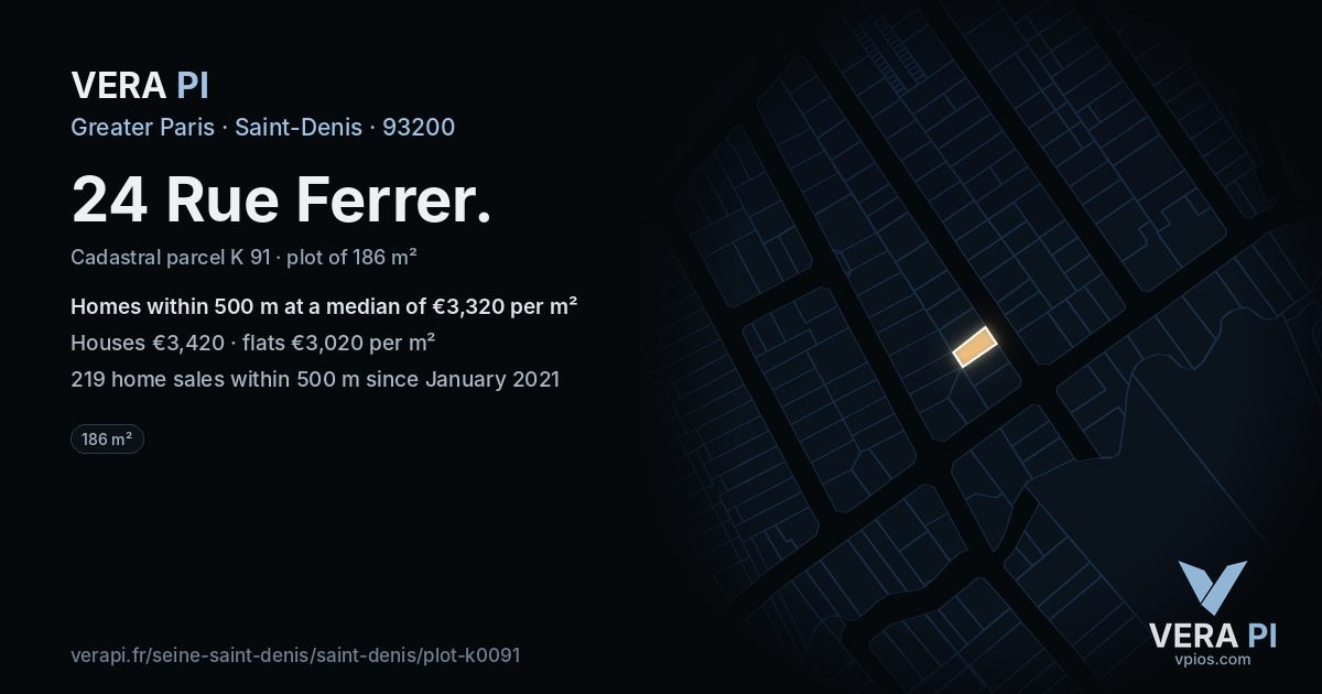 24 Rue Ferrer, Saint-Denis at night – the plot lit, the parcels around coloured by the prices near them