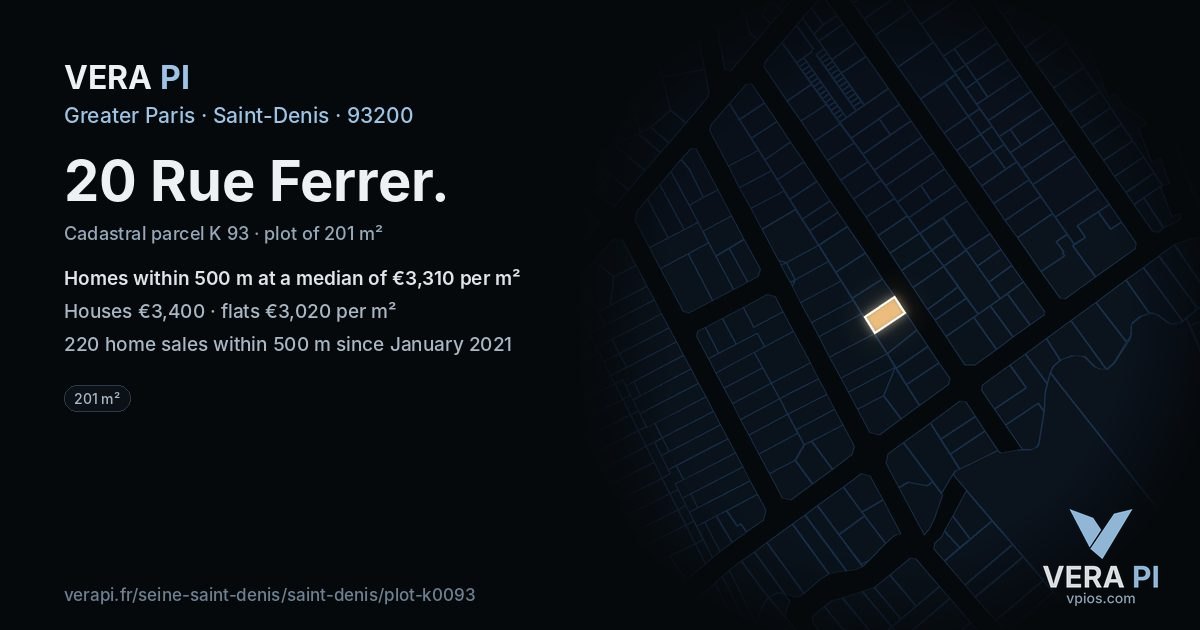 20 Rue Ferrer, Saint-Denis at night – the plot lit, the parcels around coloured by the prices near them