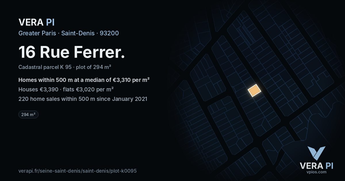 16 Rue Ferrer, Saint-Denis at night – the plot lit, the parcels around coloured by the prices near them