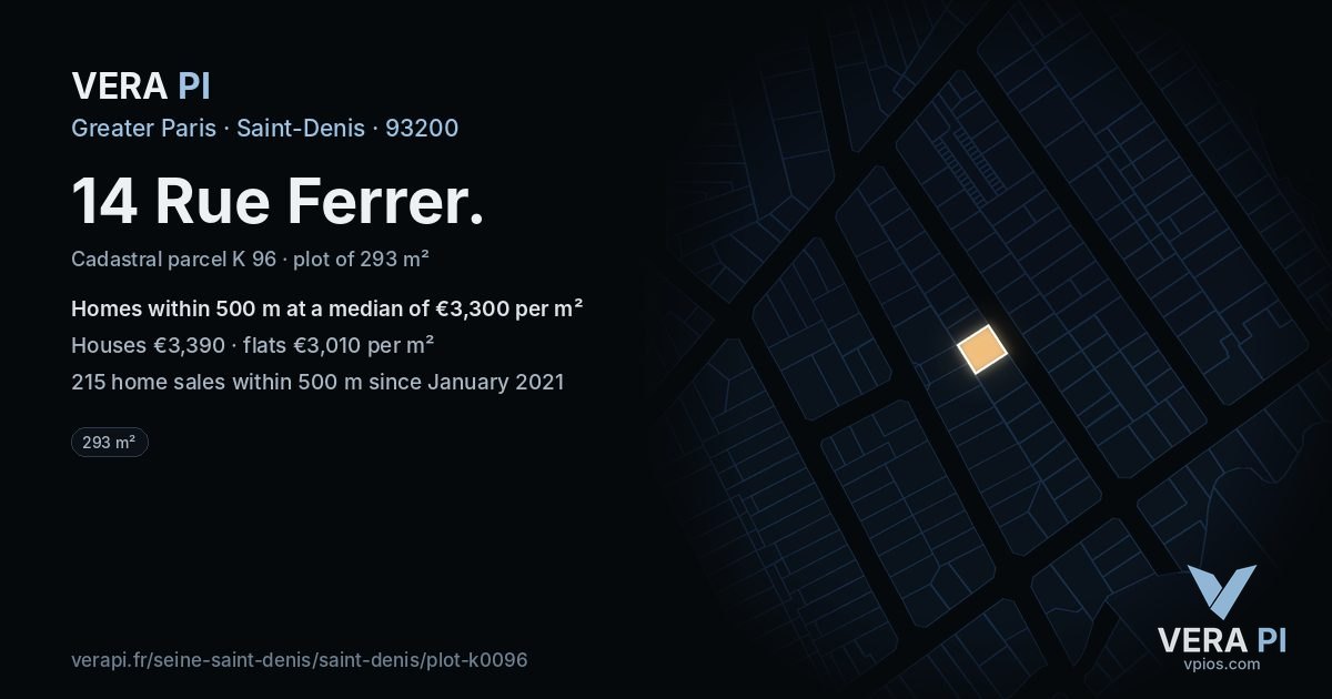 14 Rue Ferrer, Saint-Denis at night – the plot lit, the parcels around coloured by the prices near them