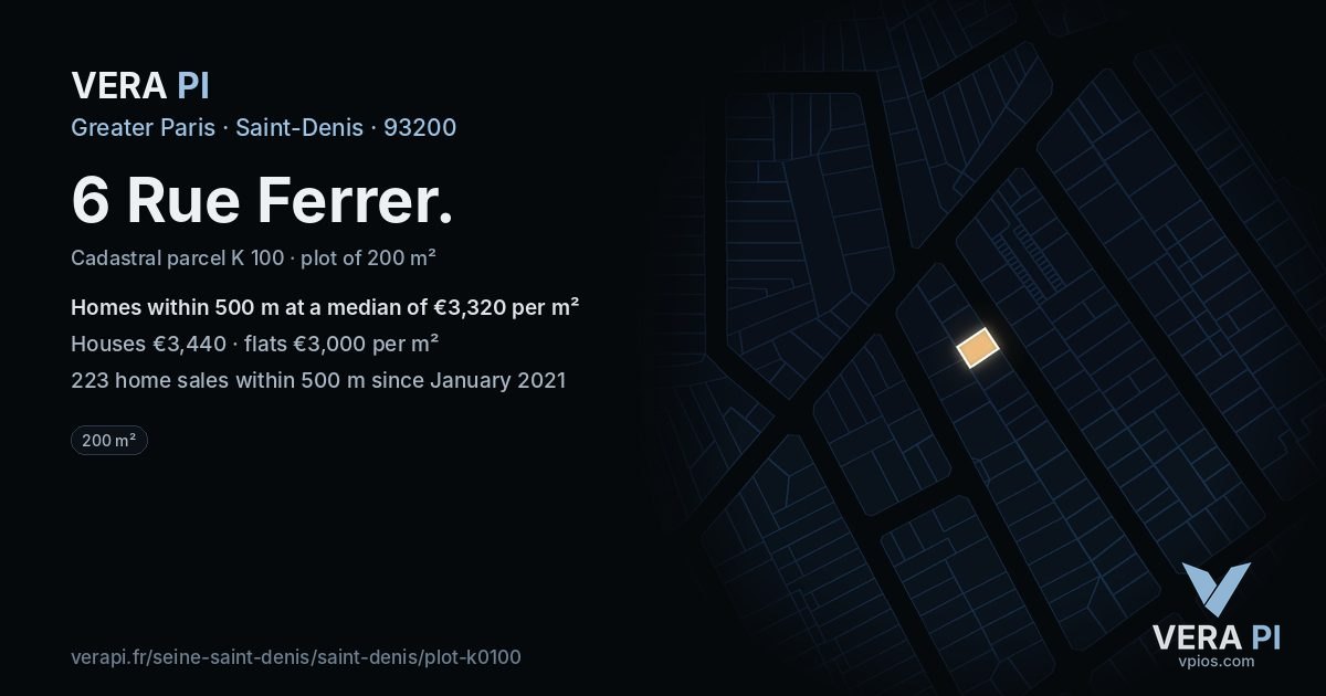 6 Rue Ferrer, Saint-Denis at night – the plot lit, the parcels around coloured by the prices near them