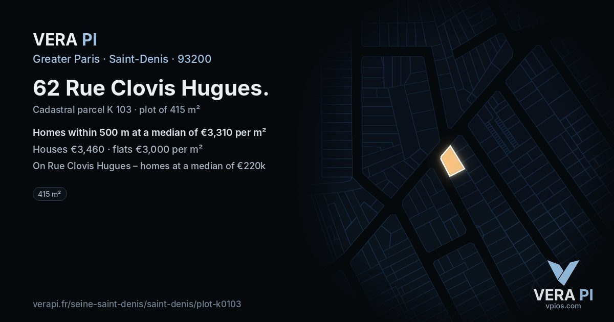 62 Rue Clovis Hugues, Saint-Denis at night – the plot lit, the parcels around coloured by the prices near them