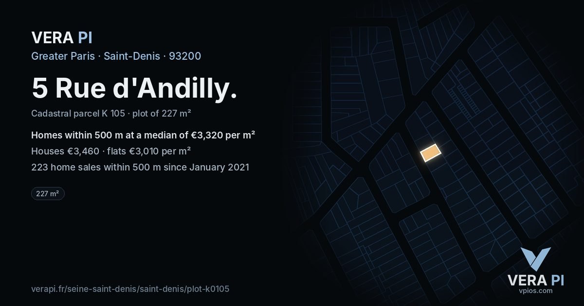 5 Rue d'Andilly, Saint-Denis at night – the plot lit, the parcels around coloured by the prices near them