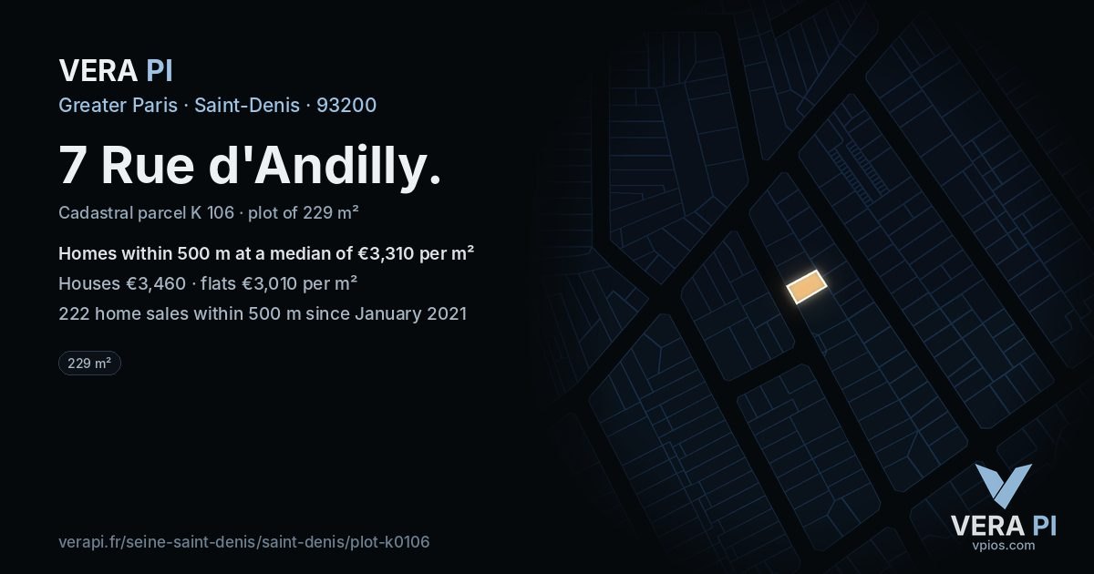 7 Rue d'Andilly, Saint-Denis at night – the plot lit, the parcels around coloured by the prices near them