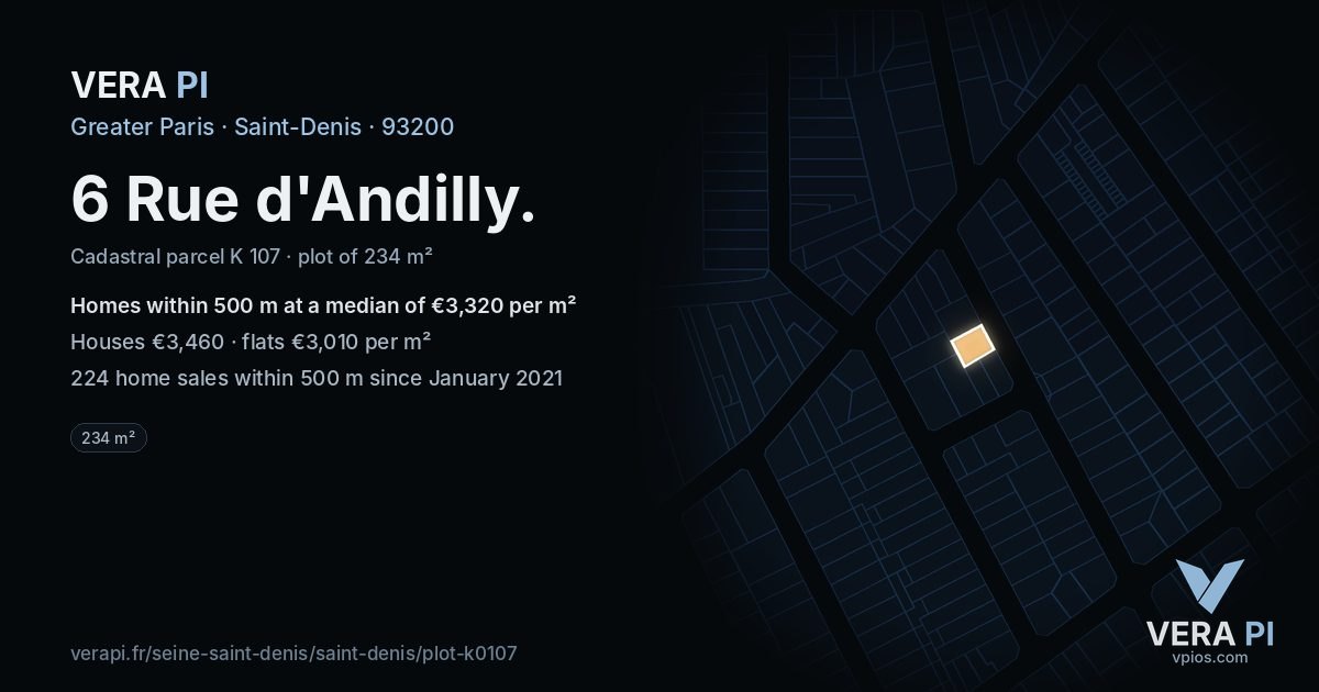 6 Rue d'Andilly, Saint-Denis at night – the plot lit, the parcels around coloured by the prices near them