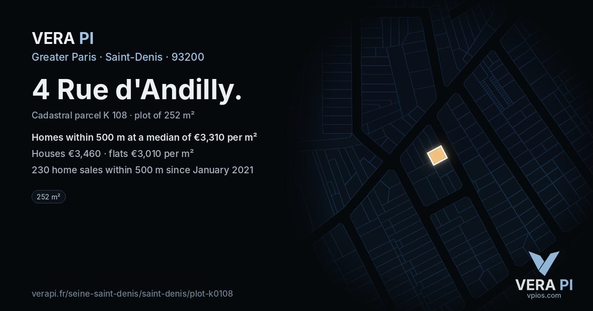 4 Rue d'Andilly, Saint-Denis at night – the plot lit, the parcels around coloured by the prices near them