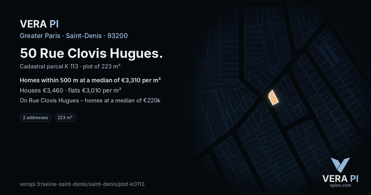 50 Rue Clovis Hugues, Saint-Denis at night – the plot lit, the parcels around coloured by the prices near them