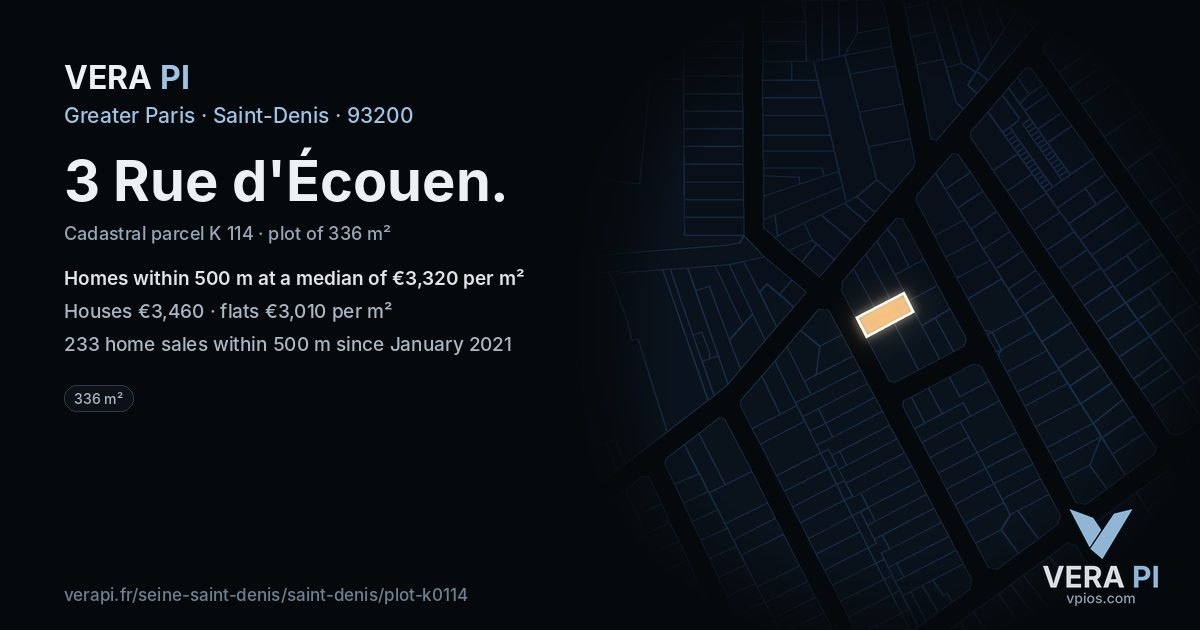3 Rue d'Écouen, Saint-Denis at night – the plot lit, the parcels around coloured by the prices near them
