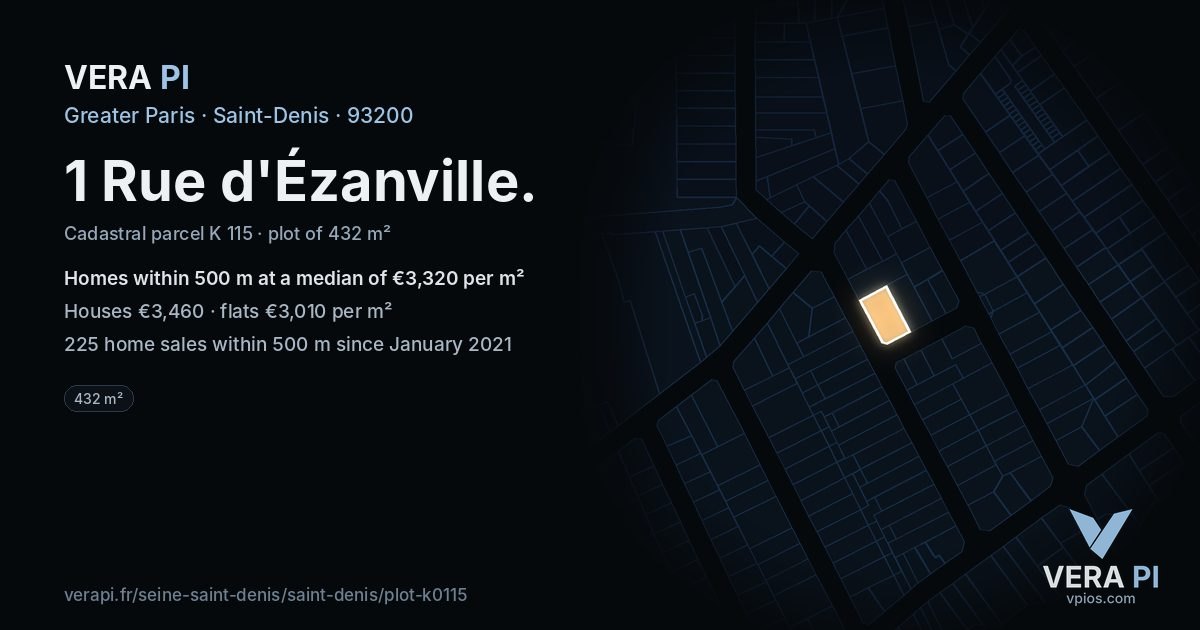 1 Rue d'Ézanville, Saint-Denis at night – the plot lit, the parcels around coloured by the prices near them