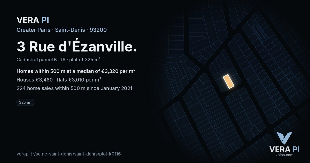 3 Rue d'Ézanville, Saint-Denis at night – the plot lit, the parcels around coloured by the prices near them