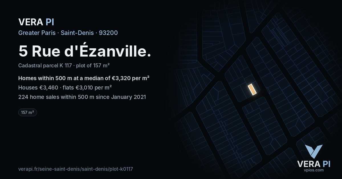 5 Rue d'Ézanville, Saint-Denis at night – the plot lit, the parcels around coloured by the prices near them